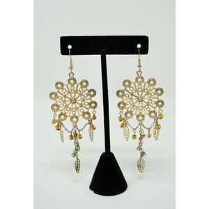 Vintage Filagree Medallion Mixed Tone Earrings with Chain Feather and Beads